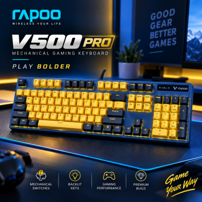 Rapoo V500 Pro Yellow-Blue Mechanical Gaming Keyboard – Full-Size 104-Key Layout, Tactile Mechanical Switches, Backlit Illumination, Anti-Ghosting & Durable Dual-Tone Design